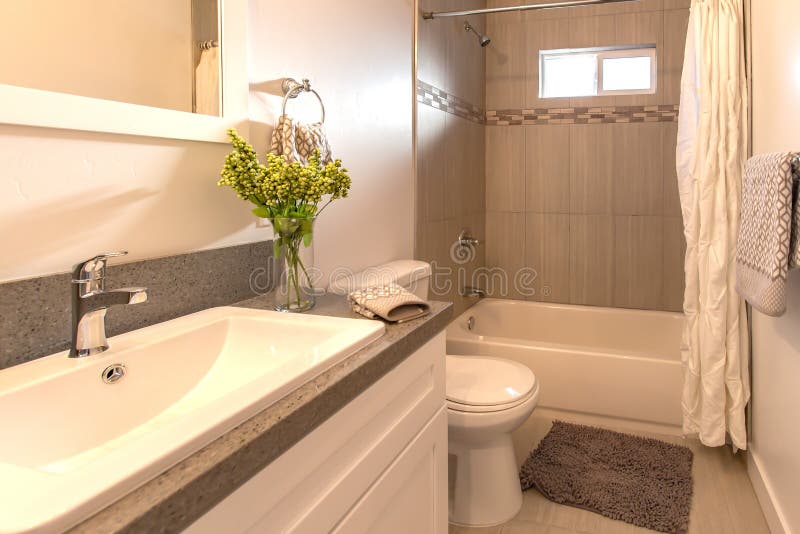 Model bathroom in California home with dark tile stock photo