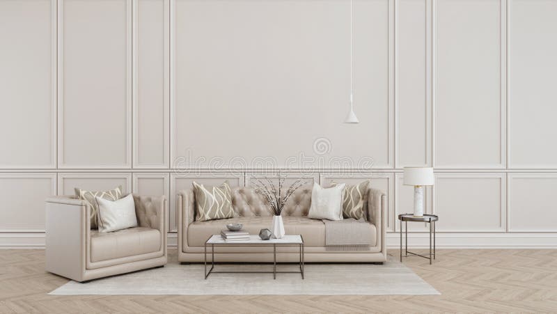 Modern classic interior.Sofa,armchair,side table with lamps.White vase on table.White wall and wooden floor with carpet. stock illustration