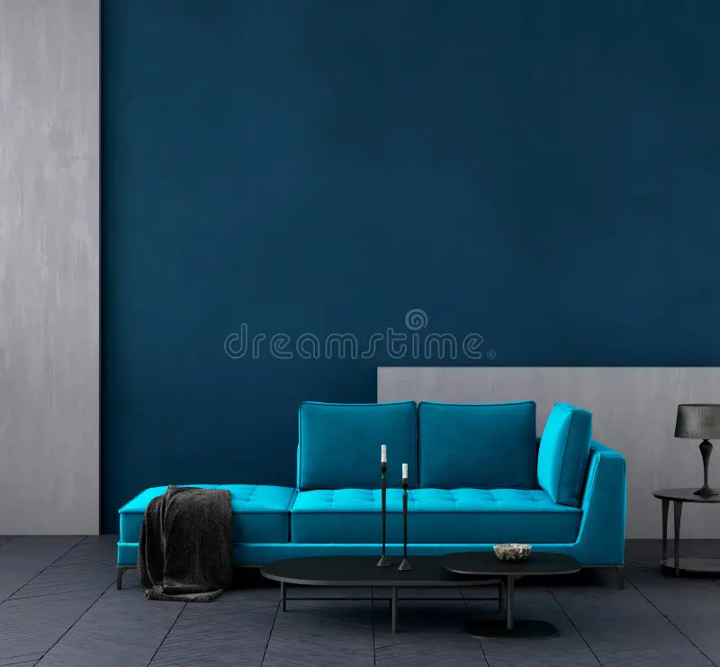 Modern dark blue living room interior with azure color couch,wall mock up. 3d render vector illustration