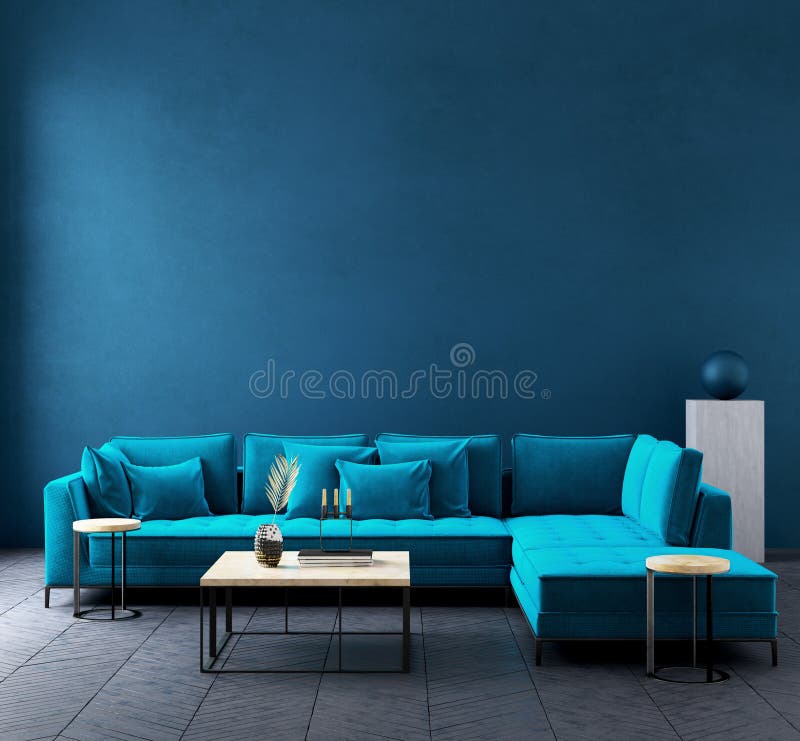 Modern dark blue living room interior with azure color couch,wall mock up. 3d render royalty free illustration