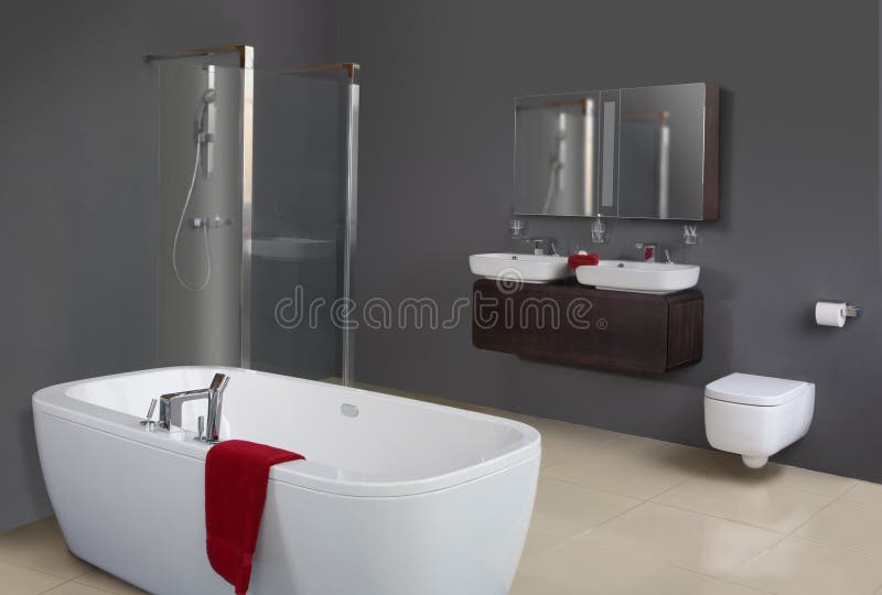 Modern Grey Bathroom. Including bathtub, shower, basins and toilet stock images