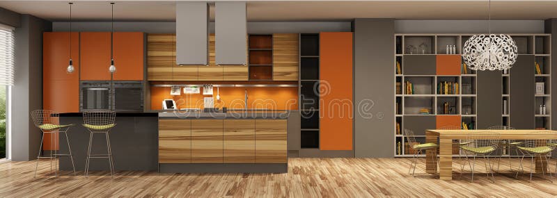 Modern house interior of living room and a kitchen in beige and orange colors. Modern house interior of living room and a kitchen in beige and orange colors in royalty free stock photo
