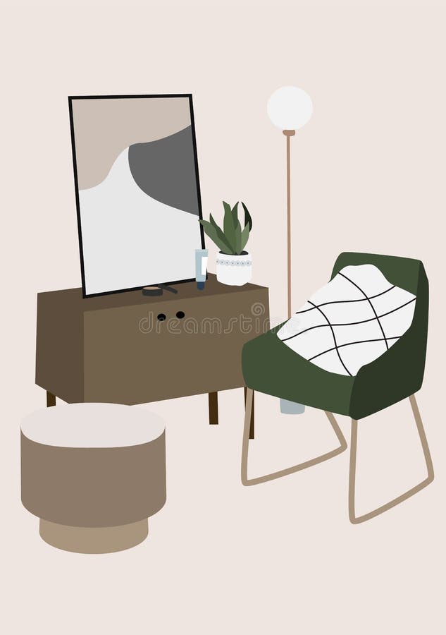 Modern interior design of Living room furniture: armchair, lamp, picture, flower, table. stock illustration