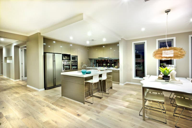 Modern kitchen and dinning area interior view of a house stock photo