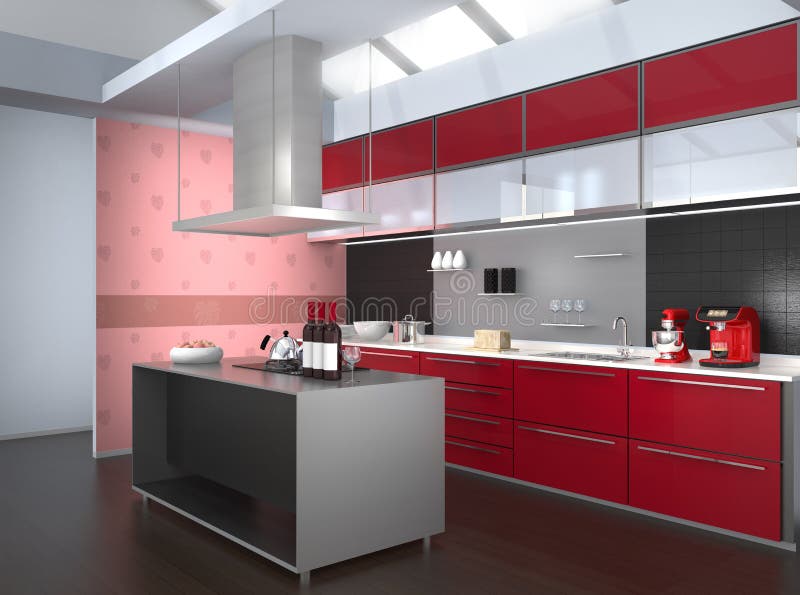 Modern kitchen interior with smart appliances in red color coordination royalty free illustration