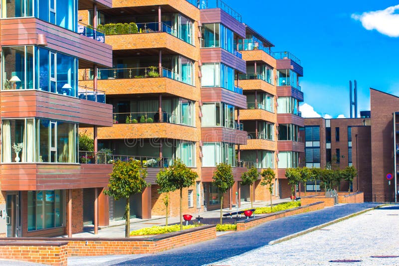 Modern living houses of typical scandinavian style stock photo