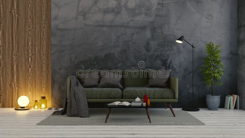 Modern loft interior of living room,dark green sofa on white flooring and dark concrete wall.empty room,3d rendering. Modern loft interior of living room,dark stock illustration