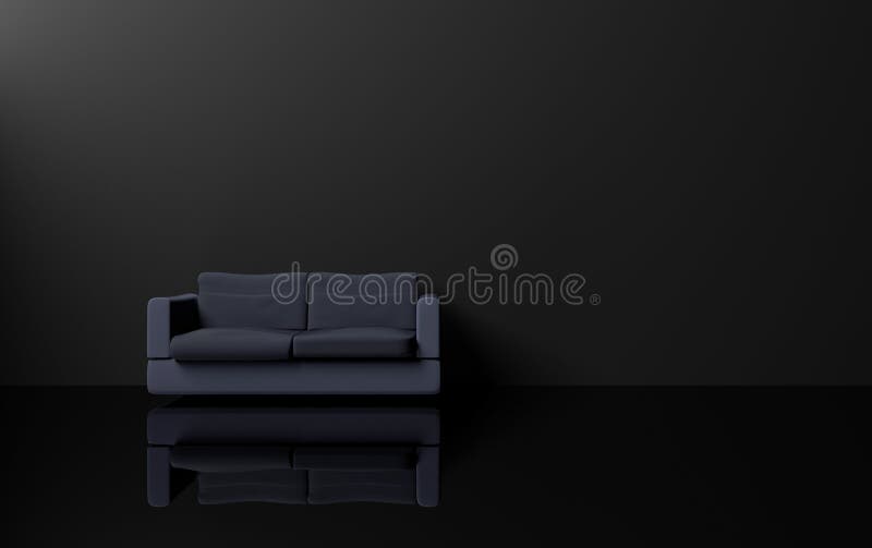 Modern and luxury minimalism style interior design with dark tone, dark blue sofa black wall and black shiny floor, 3d rendering.  vector illustration