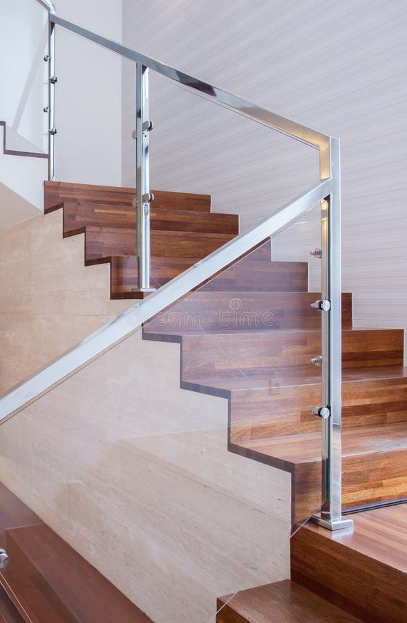 Modern stairs made of wood. Modern design stairs made of wood and glass stock images