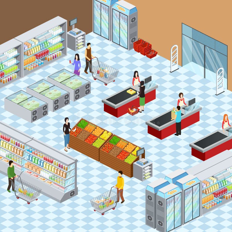 Modern Supermarket Interior Isometric Composition Poster vector illustration