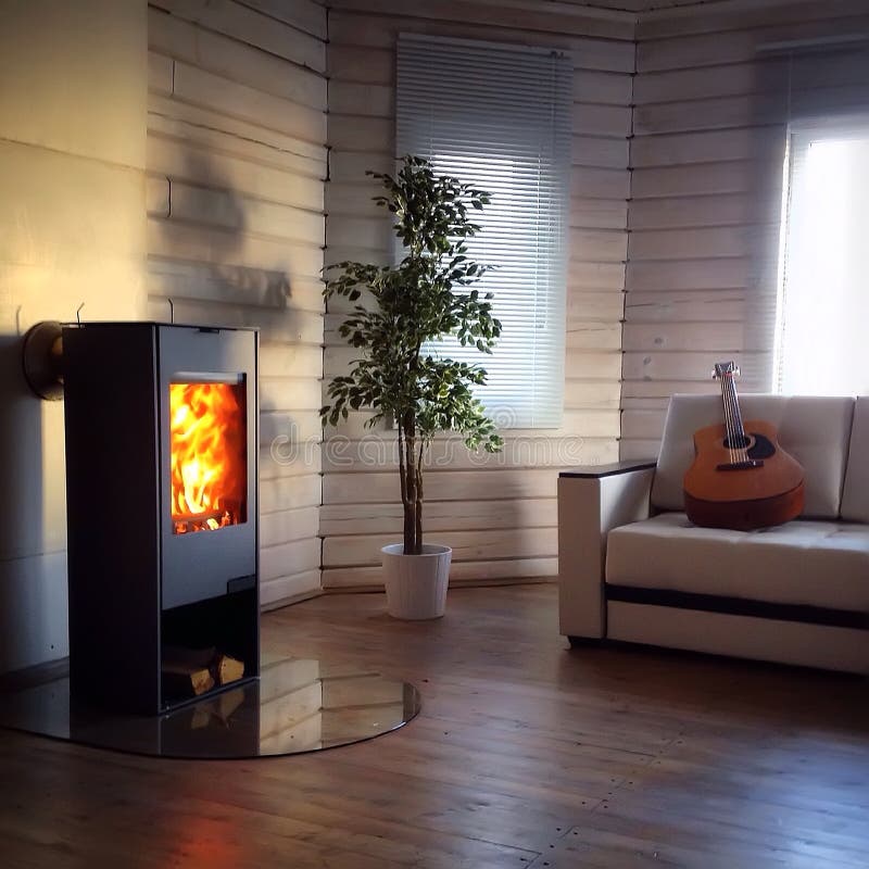 Modern wood burning stove inside cozy living room. Modern stove inside cozy living room stock photo