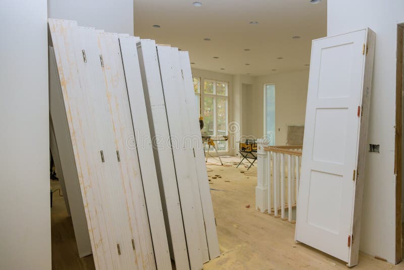New home installing material for repairs in an apartment is under construction, remodeling, rebuilding and renovation door stock photography
