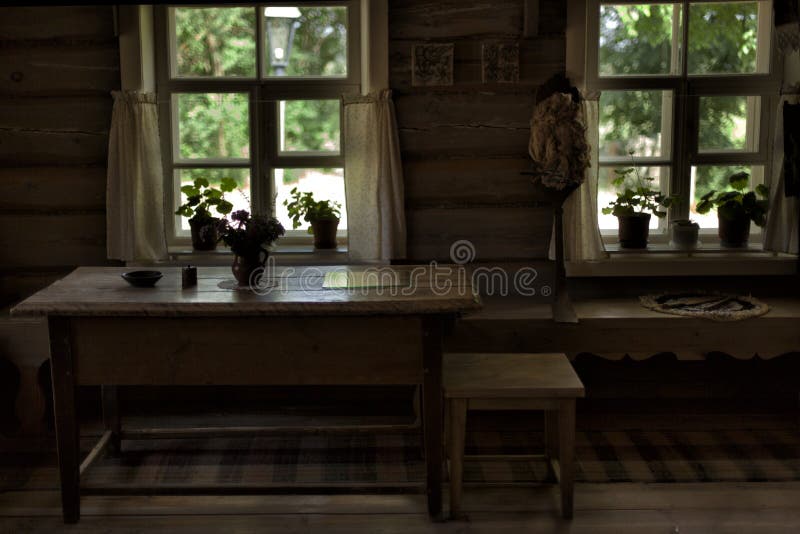 Interior of the old Russian estate. Old farm house interior traditional Russian estate stock image