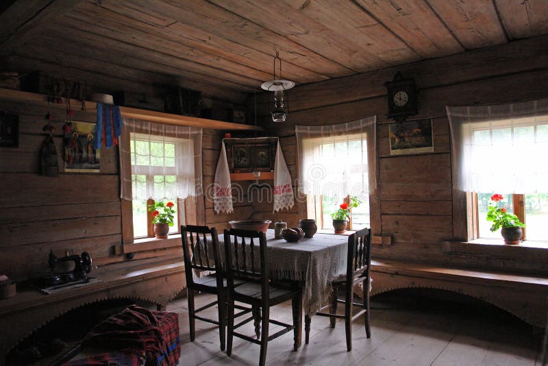 Old russian household interior. Authentic and natural. Wooden decoration stock image