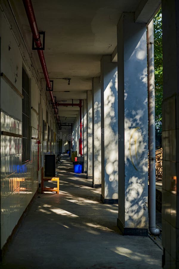 The old teaching building corridor in Chinese Schools stock photos