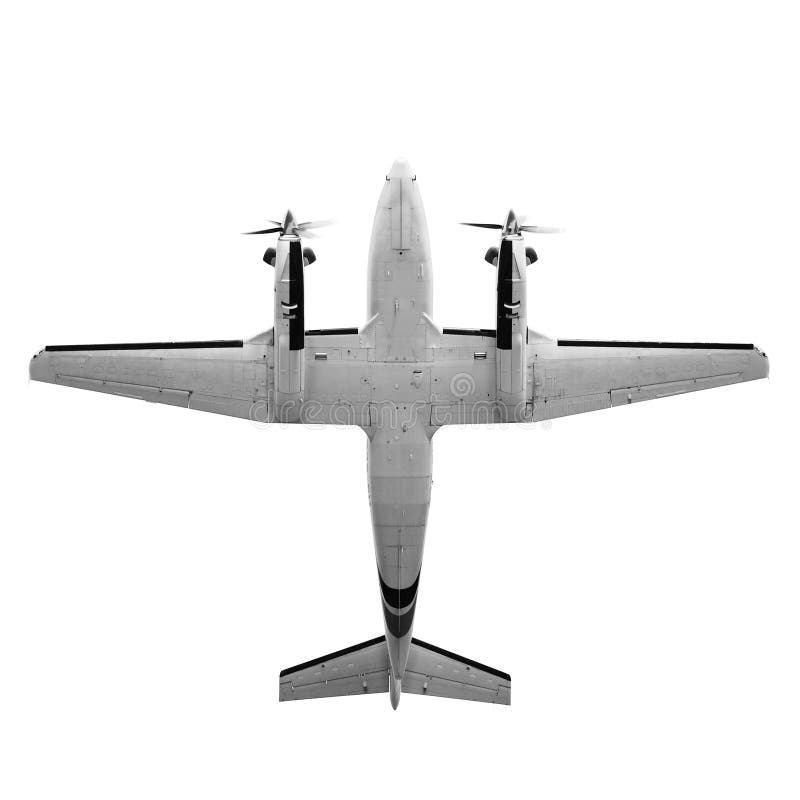 Twin prop cargo plane isolated on white background. Old twin prop gray cargo plane isolated on white background. Bottom view stock image