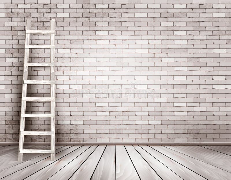 Old white brick wall background with wooden ladder. royalty free illustration