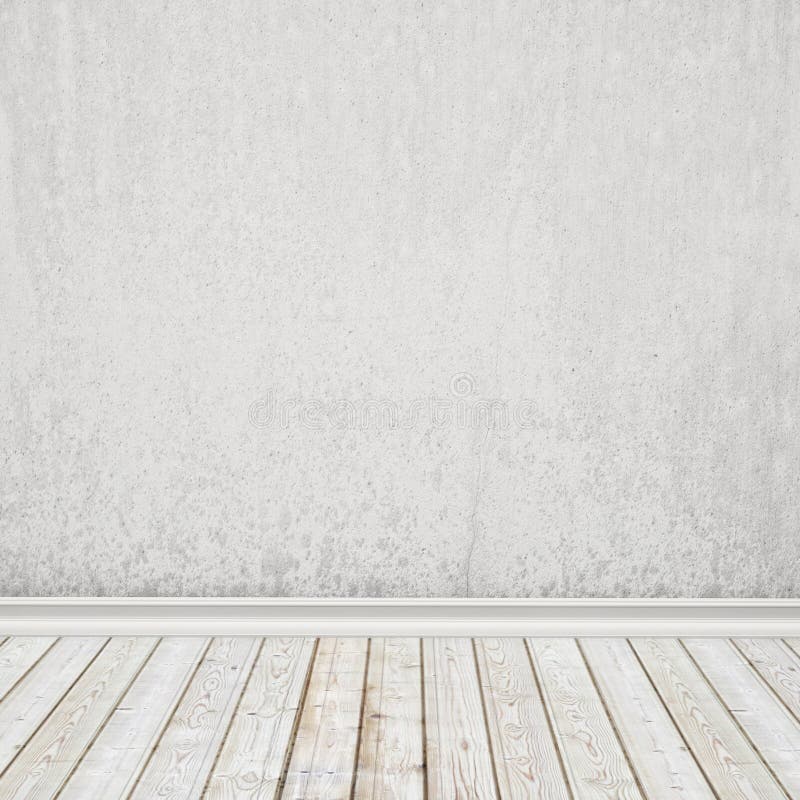 Old white painted wall and vintage wooden floor, interior background stock photo