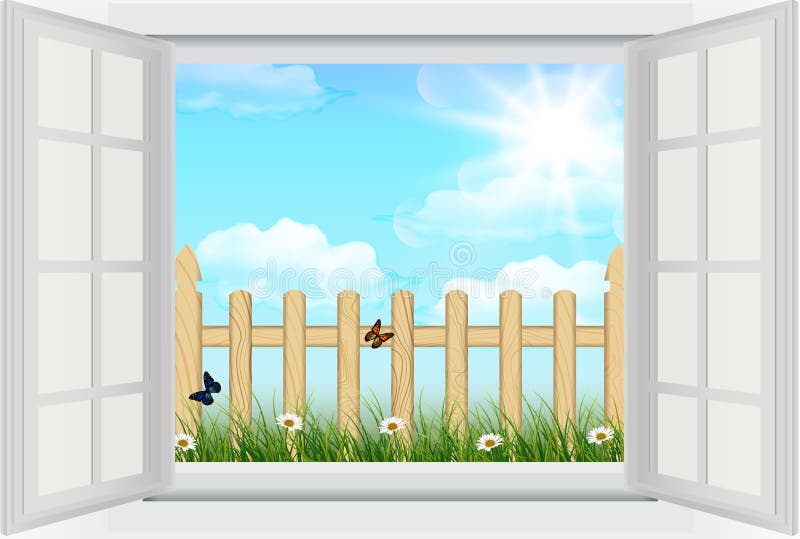 Open window with Spring background, grass and wooden fence vector illustration