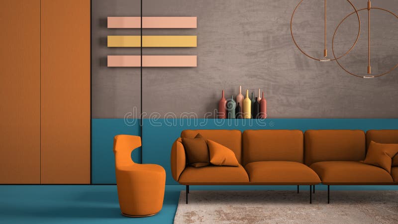 Orange and light blue colored contemporary living room, pastel colors, sofa, armchair, carpet, concrete walls, panels, copper lamp. Interior design atmosphere stock photo