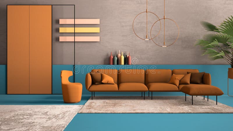 Orange and light blue colored contemporary living room, pastel colors, sofa, armchair, carpet, concrete walls, potted plant,. Copper lamp. Interior design royalty free stock photo