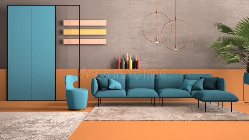 Orange and light blue colored contemporary living room, pastel colors, sofa, armchair, carpet, concrete walls, potted plant,. Copper lamp. Interior design royalty free stock images