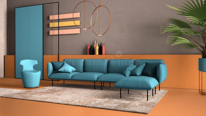 Orange and light blue colored contemporary living room, pastel colors, sofa, armchair, carpet, concrete walls, potted plant,. Copper lamp. Interior design royalty free stock photography