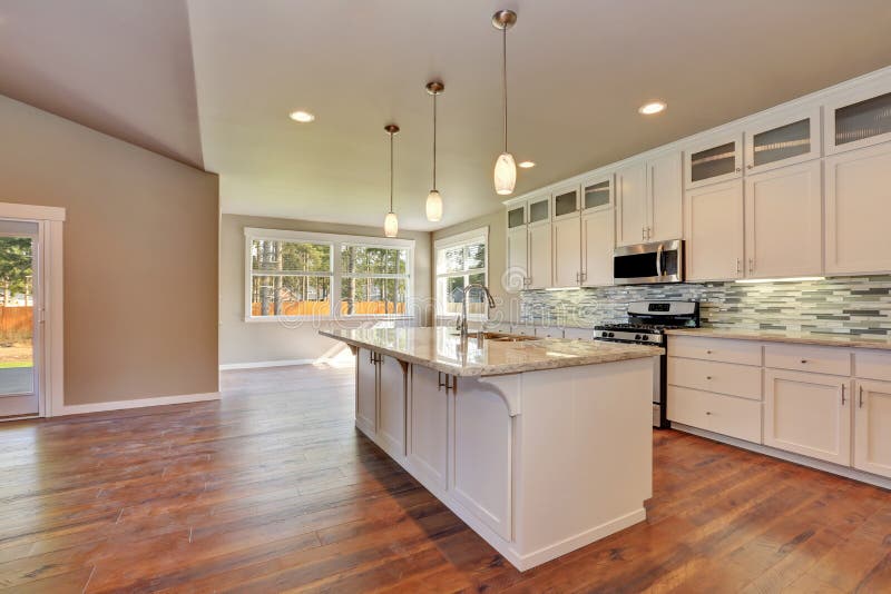 Outlook at the luxury modern kitchen in a brand new house. stock photo