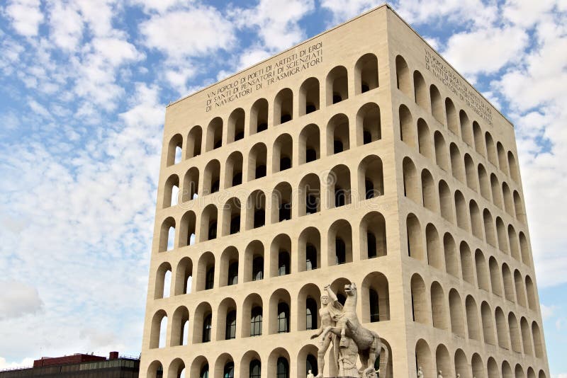 Palace of Italian Civilization built in Rome EUR. Fendi exhibiti. Palace of Italian Civilization built in Rome. Fendi exhibition. Rome Eur, Italy. 05/03/2019 royalty free stock photo