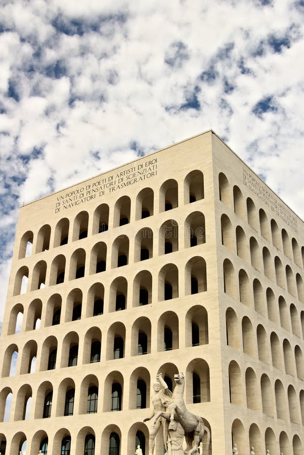 Palace of Italian Civilization built in Rome EUR. Fendi exhibiti. Palace of Italian Civilization built in Rome. Fendi exhibition. Rome Eur, Italy. 05/03/2019 stock image