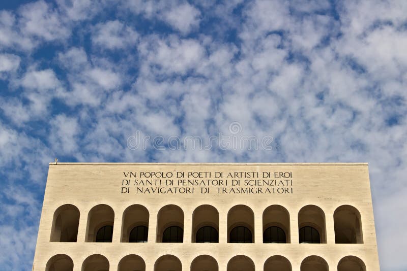 Palace of Italian Civilization built in Rome EUR. Fendi exhibiti. Palace of Italian Civilization built in Rome. Fendi exhibition. Rome Eur, Italy. 05/03/2019 stock photo