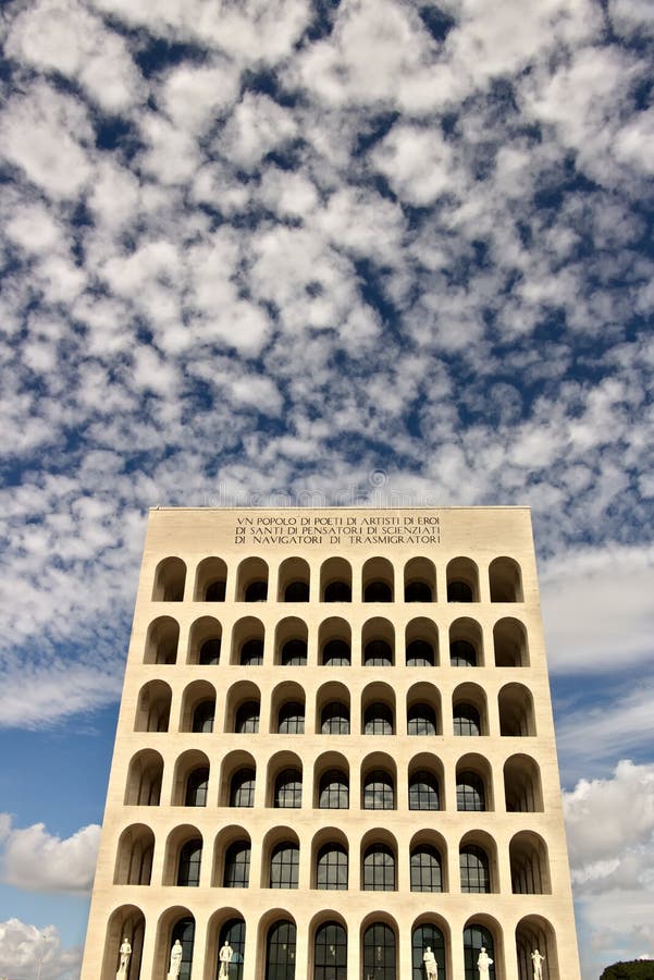 Palace of Italian Civilization built in Rome EUR. Fendi exhibiti. Palace of Italian Civilization built in Rome. Fendi exhibition. Rome Eur, Italy. 05/03/2019 royalty free stock photography