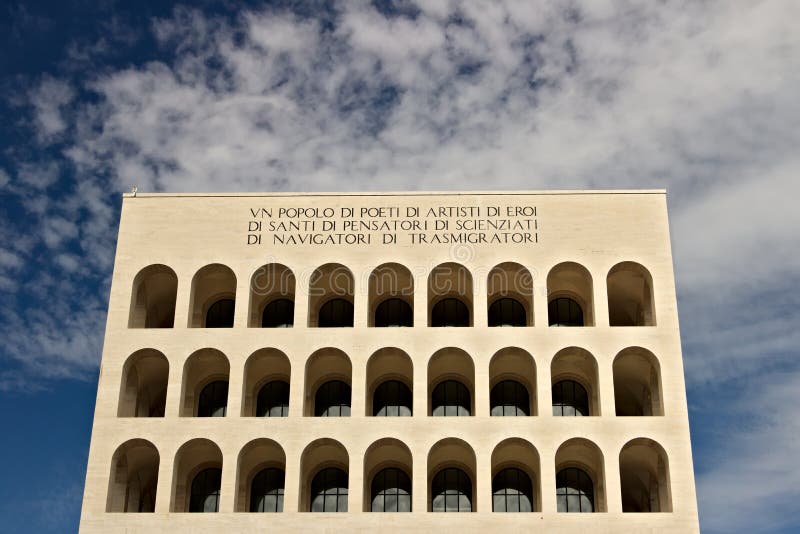 Palace of Italian Civilization built in Rome EUR. Fendi exhibiti. Palace of Italian Civilization built in Rome. Fendi exhibition. Rome Eur, Italy. 05/03/2019 stock images