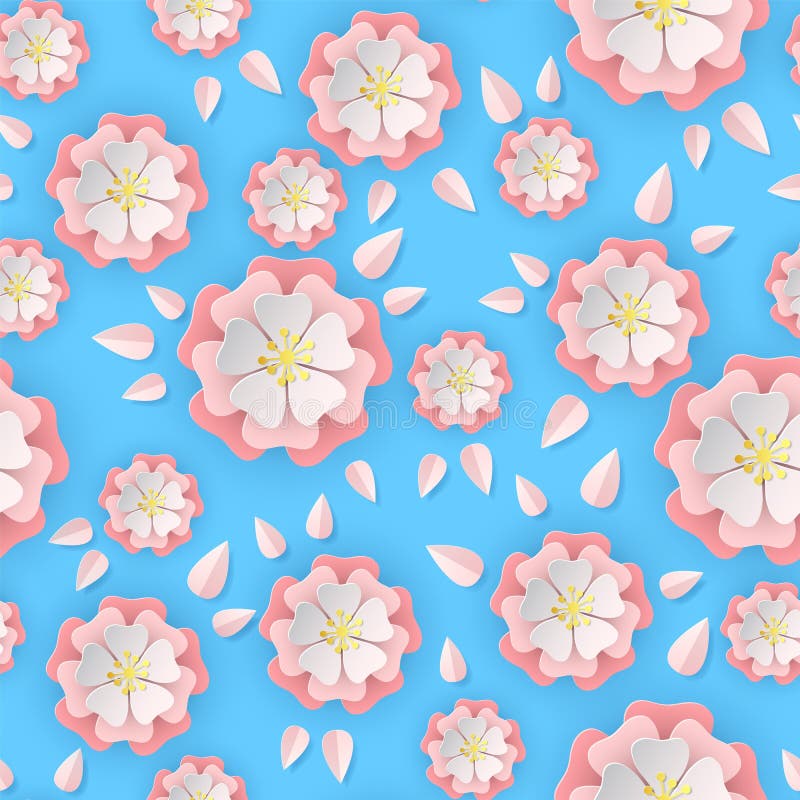 Paper sakura seamless pattern. Floral stylish wallpaper colorful blooming flowers of cherry tree, cut paper origami. Paper sakura seamless pattern. Floral royalty free illustration