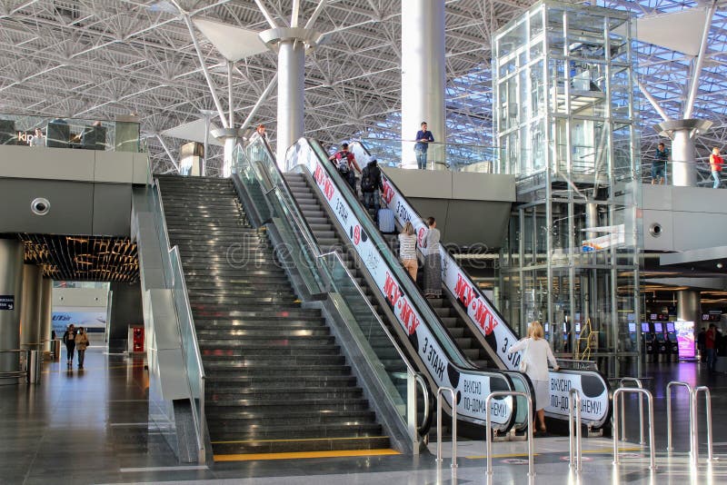 Passenger lift and stairs to the second floor at Vnukovo International Airport Moscow - July 2017.  stock images