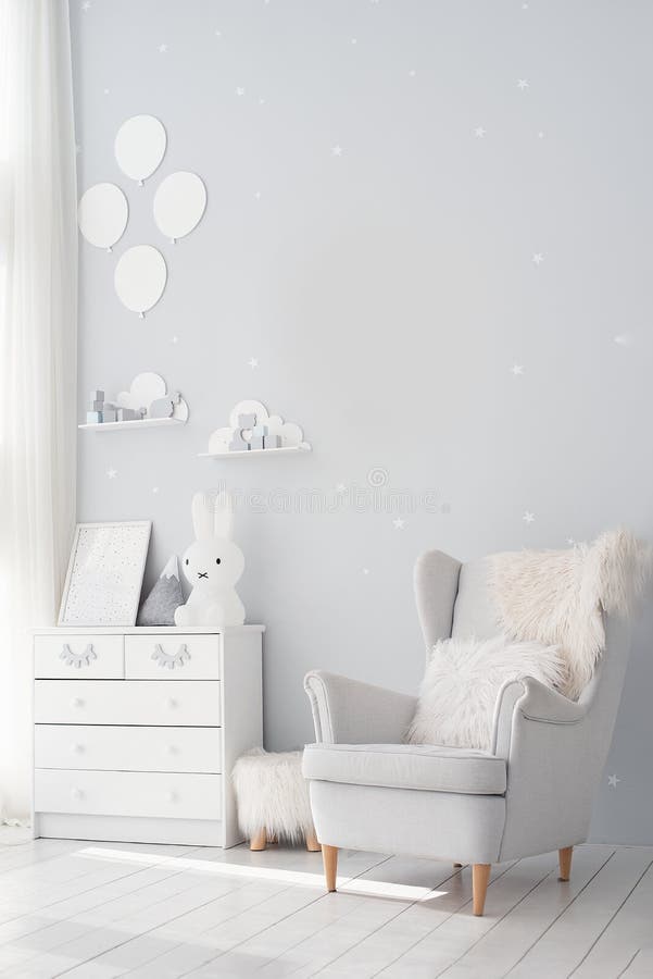 Pastel grey monochrome decoration. Unisex nursery gender neutral. calm color palette. Baby room in scandinavian style royalty free stock photos