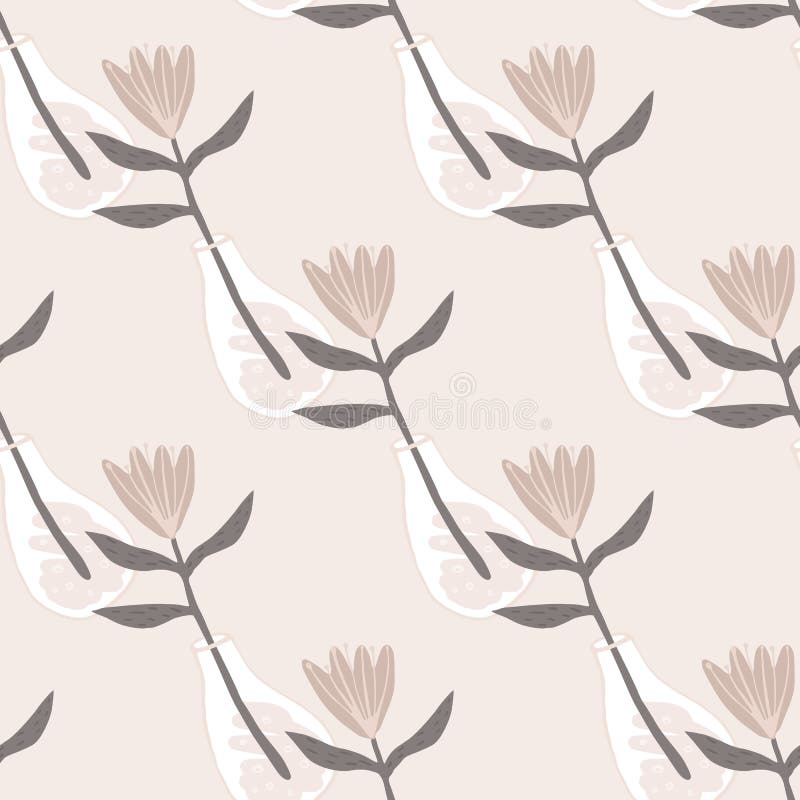 Pastel pale flowers in a vase seamless pattern. Light background and botanic elements in lilac tones. Perfect for wallpaper, wrapping paper, textile print stock illustration