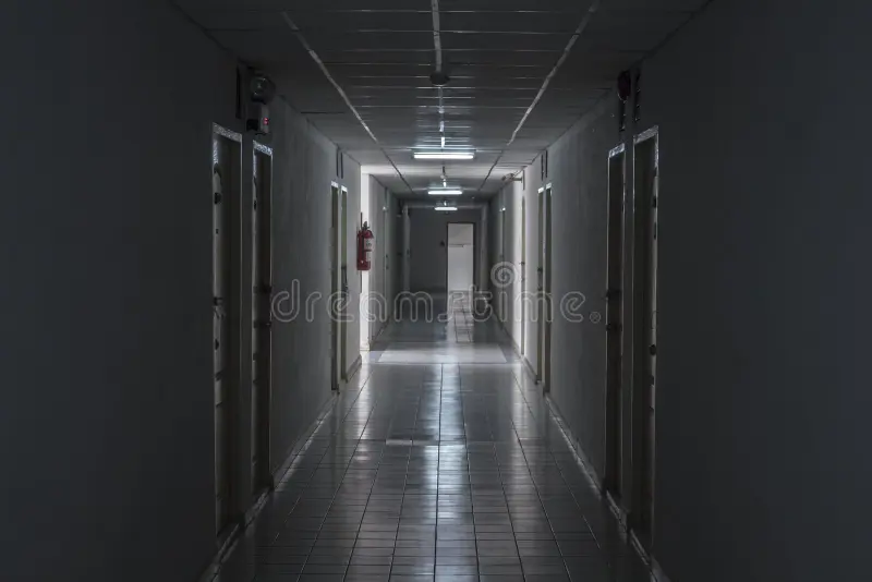 The path in the hotel is full of darkness. stock photo