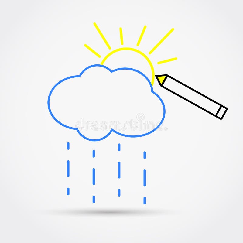 Pencil drawing cloud with rain and sun. Outline simple flat icon. Vector illustration vector illustration