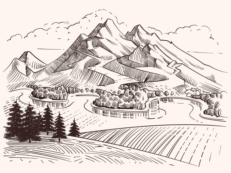 Pencil drawing mountain landscape. Cartoon sketch mountains and fir trees vector illustration. Landscape sketch mountain, tree and peak hill stock illustration