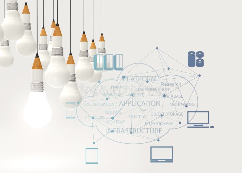 Pencil lightbulb 3d and cloud network diagram. As concept royalty free illustration