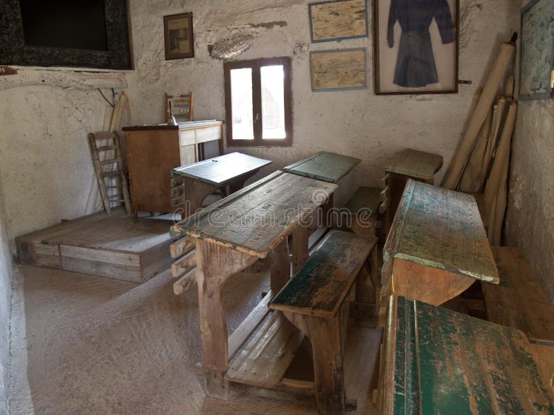 Photo of an old classroom old Greek primary school. Old Greek primary school. Crete, Greece stock photography