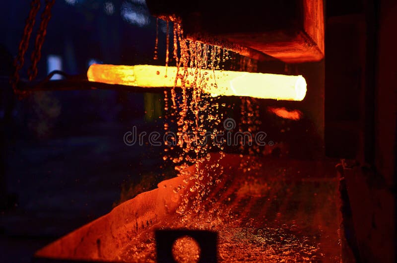 The process of forging metal in the production of heavy molded metal products. Blacksmithing. Pattern and forms for the artist blacksmith. Treatment of molten stock images