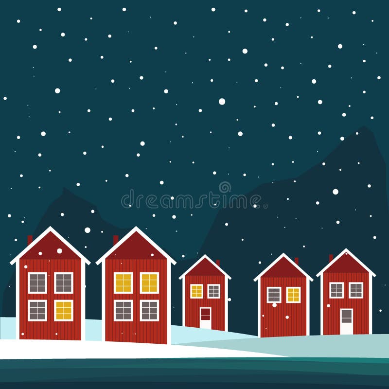Rea And White Wooden Scandinavian Houses. Night Theme. Rea And White Wooden Scandinavian Houses With Snowflakes. Night Theme stock illustration