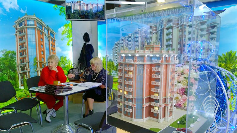 Real estate exhibition in expo centre. Presentation of a new multi-story residential building. Sale and rental of apartments and c. St. Petersburg, Russia stock images