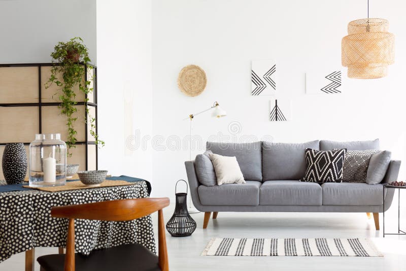 Real photo of a bright and cozy living room interior with patter royalty free stock photography