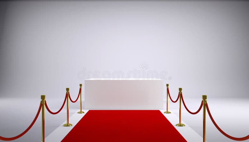 The red carpet and white box. Gray background. 3d rendering stock photos