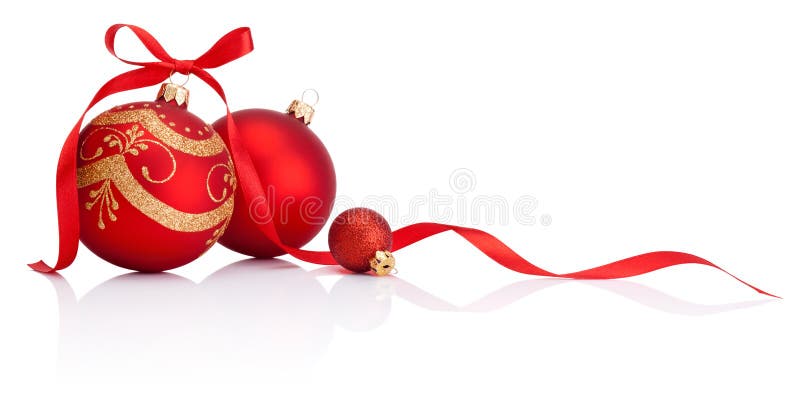 Red christmas decoration baubles with ribbon bow isolated stock photos