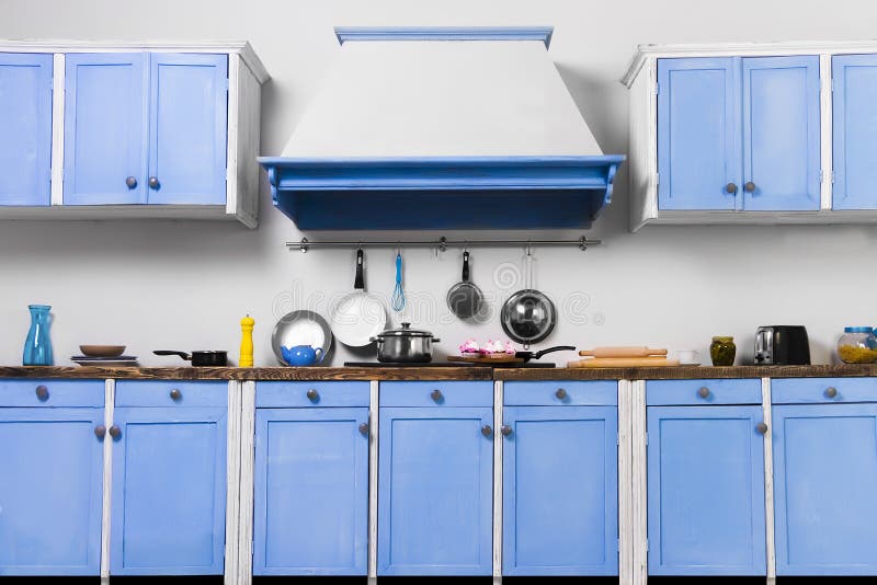 Retro old vintage pin up blue interior kitchen royalty free stock photos