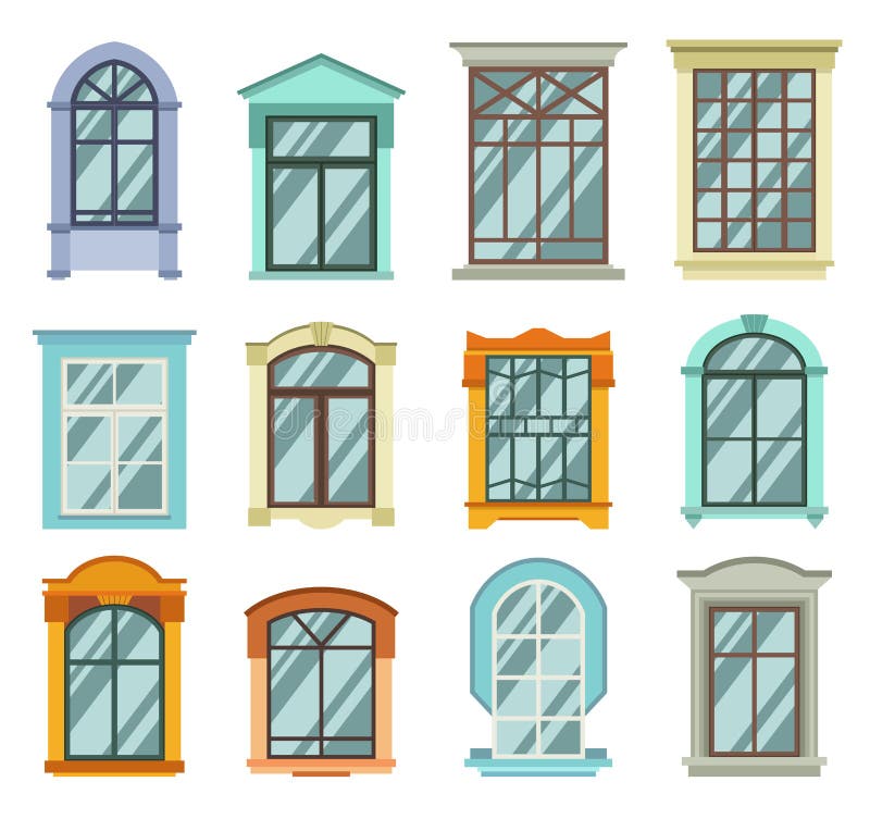 Retro wood or wooden window frames view isolated on house wall. stock illustration